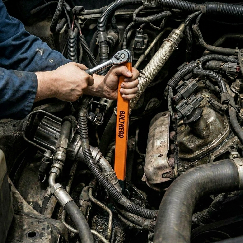 Orange offset extension wrench reaching a bolt deep in a car engine bay with a ratchet attached