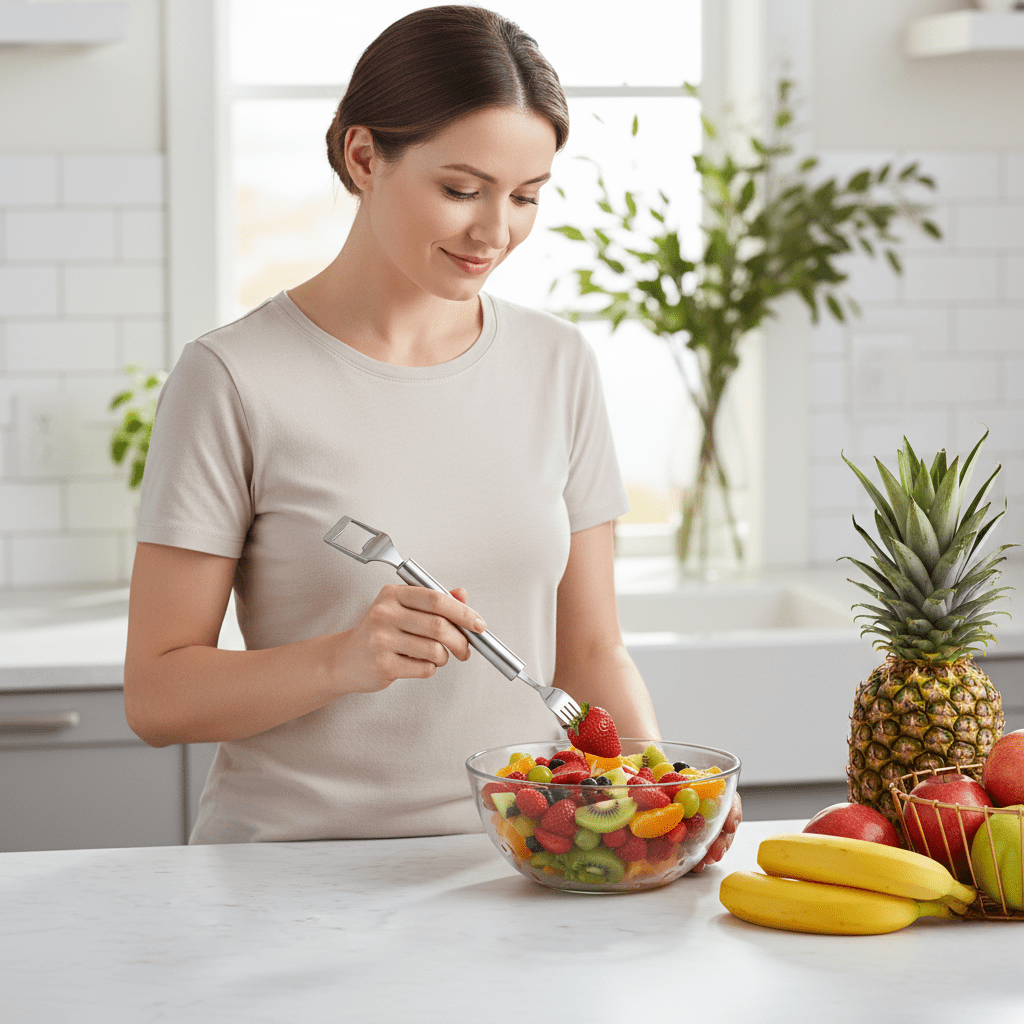 FruitFlow tagliaprezzemolo duo con forchetta integrata per gustare rapidamente gli snack