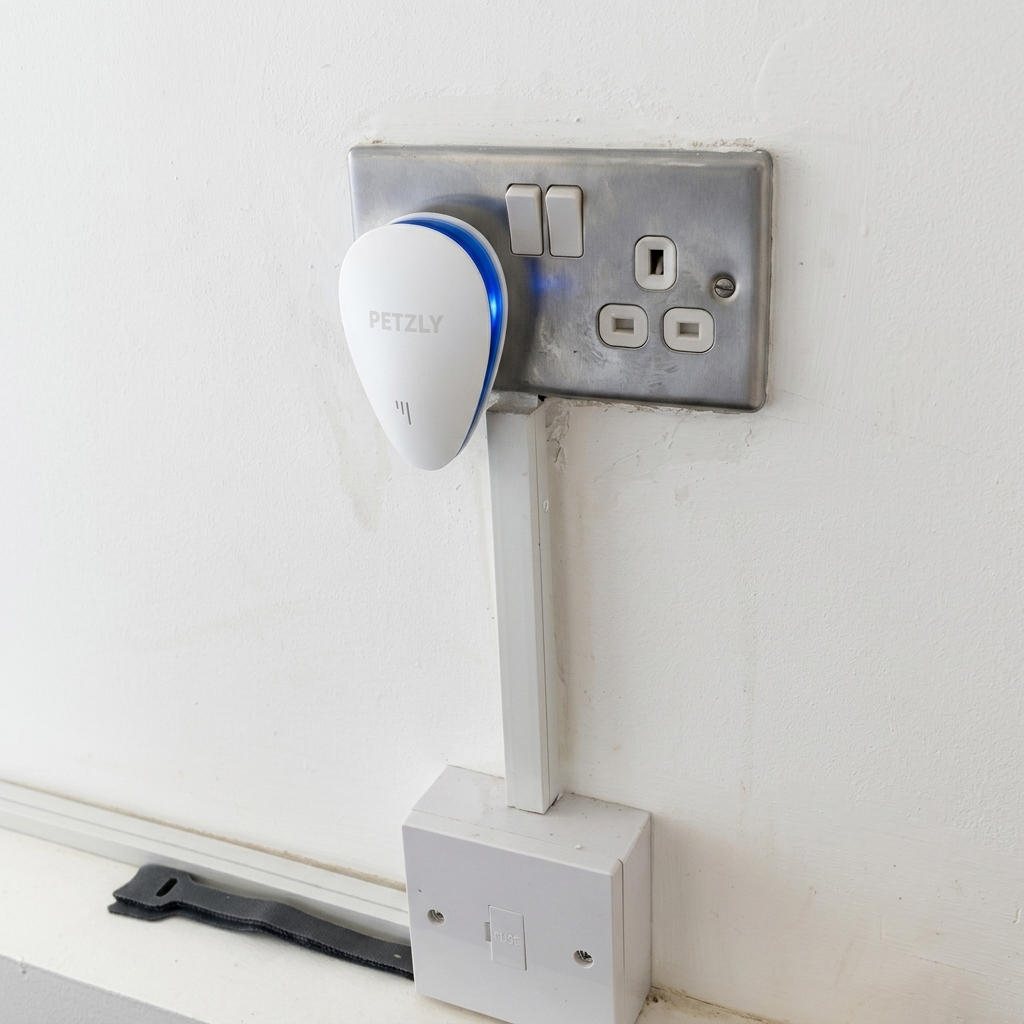 White repeller plugged into a wall socket in a bright room