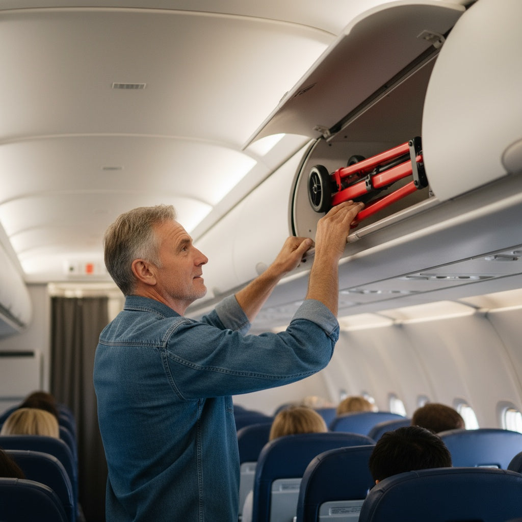 Man placing the folded walker into an aircraft overhead bin