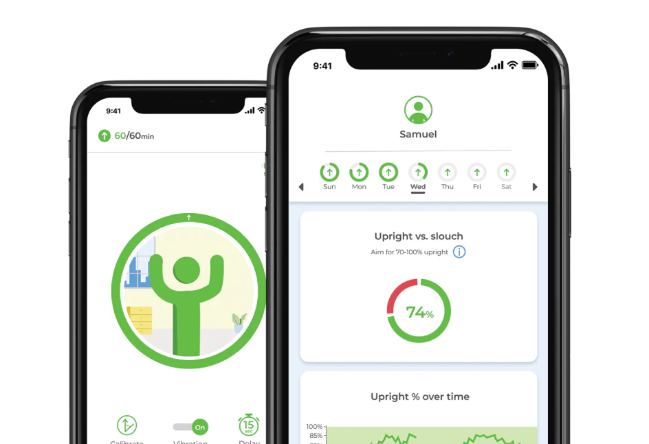 Two smartphone screens of the posture app showing upright versus slouch statistics