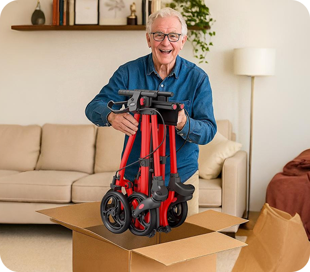 Smiling older man unpacking the folded rollator from its box