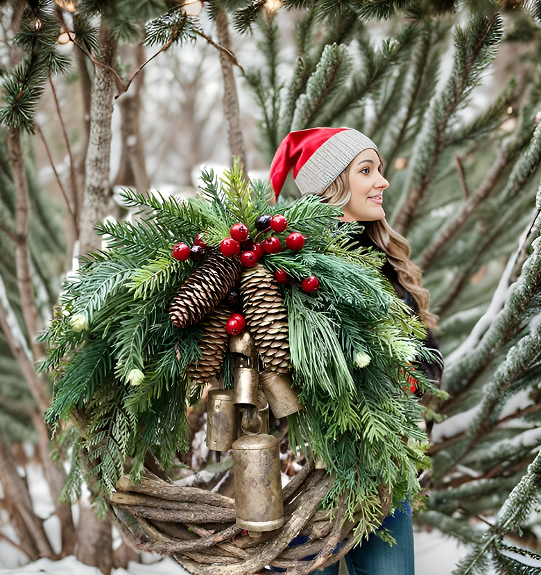 Boho-Weihnachtskranz mit rustikalem Rebenboden, Kiefernzapfen und goldenen Glocken