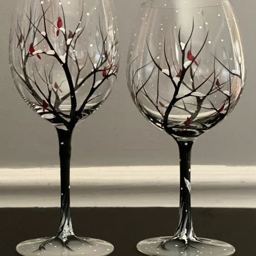 Verres à vin Arbre des quatre saisons - peinture à la main artistique