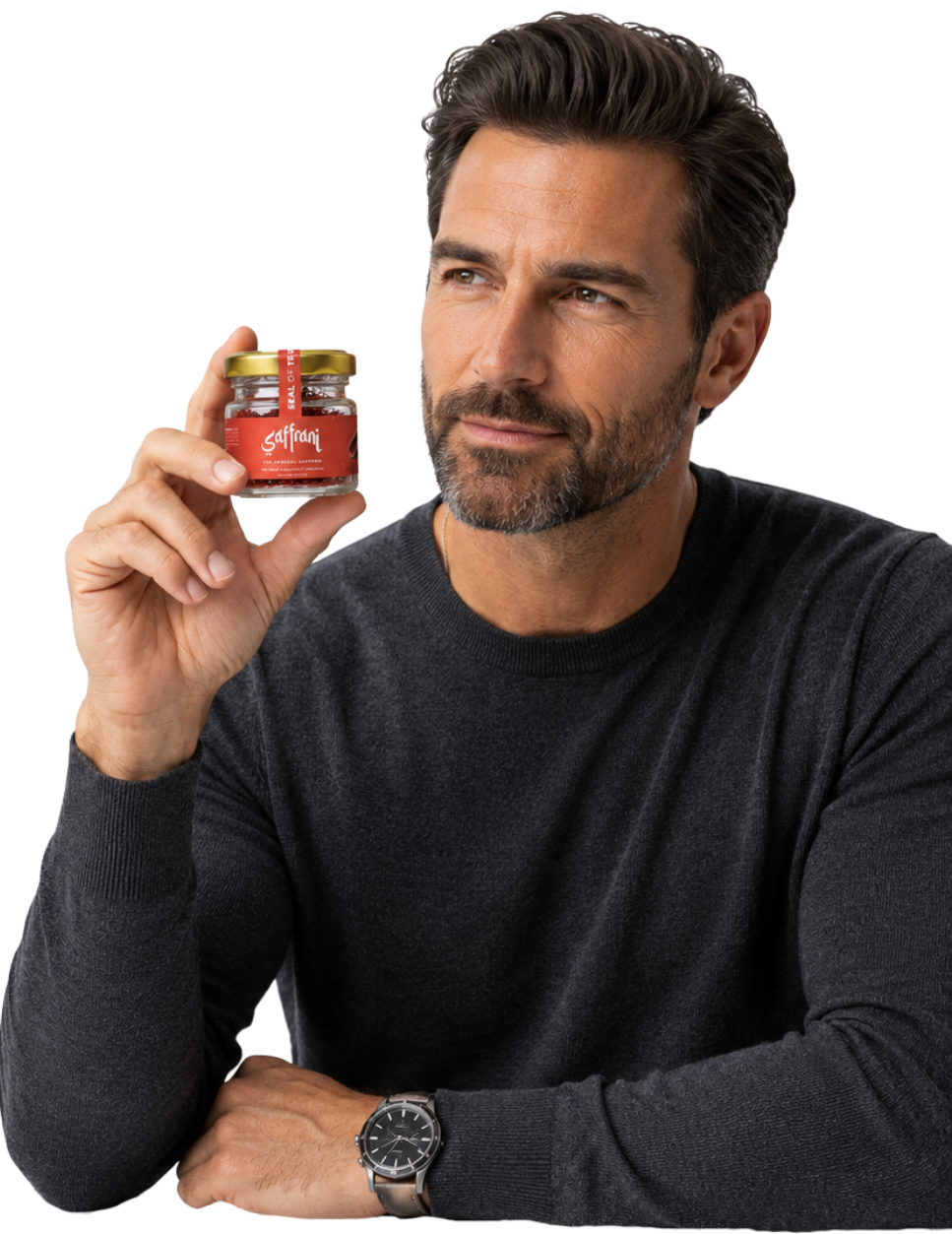 Man in a dark sweater holding a small jar of saffron