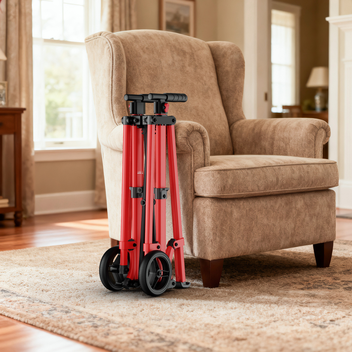 Folded red walker standing beside an armchair