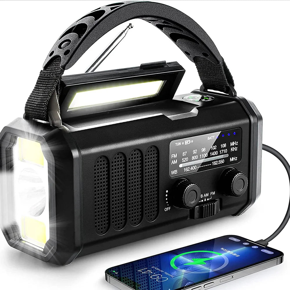 רדיו חירום סולארי עם ידית הפעלה, סוללה 10000mAh, NOAA, פאוור בנק ופנס