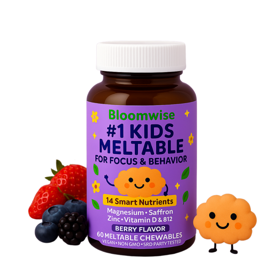 Bottle of berry-flavored meltable chewables with fresh berries