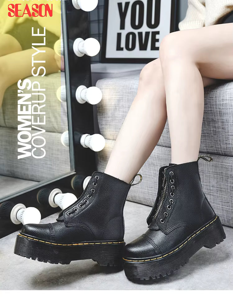 Botas de plataforma de cuero genuino para mujer – Zapatos de motocicleta con cremallera frontal y suelas ópticas