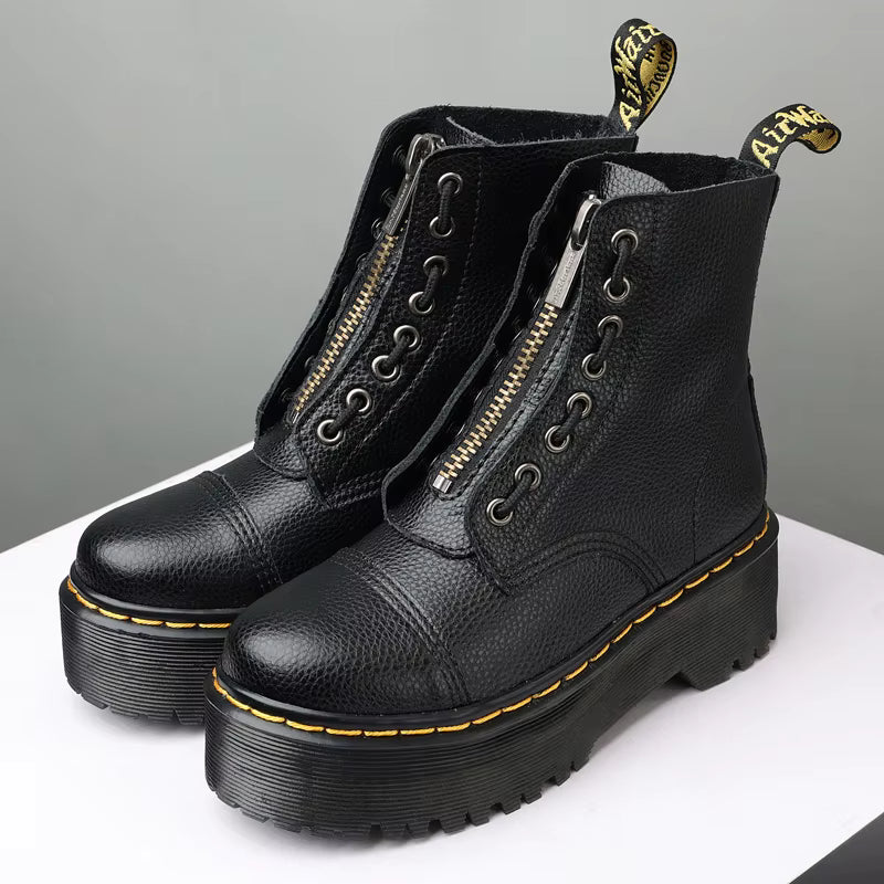 Botas de plataforma de cuero genuino para mujer – Zapatos de motocicleta con cremallera frontal y suelas ópticas