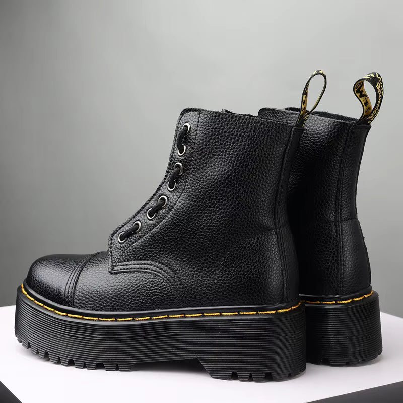 Botas de plataforma de cuero genuino para mujer – Zapatos de motocicleta con cremallera frontal y suelas ópticas