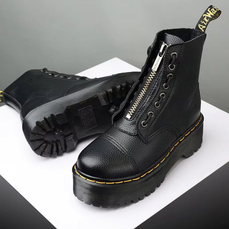 Botas de plataforma de cuero genuino para mujer – Zapatos de motocicleta con cremallera frontal y suelas ópticas