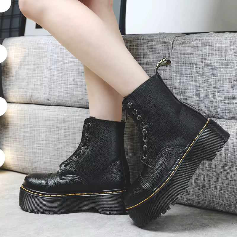 Botas de plataforma de cuero genuino para mujer – Zapatos de motocicleta con cremallera frontal y suelas ópticas