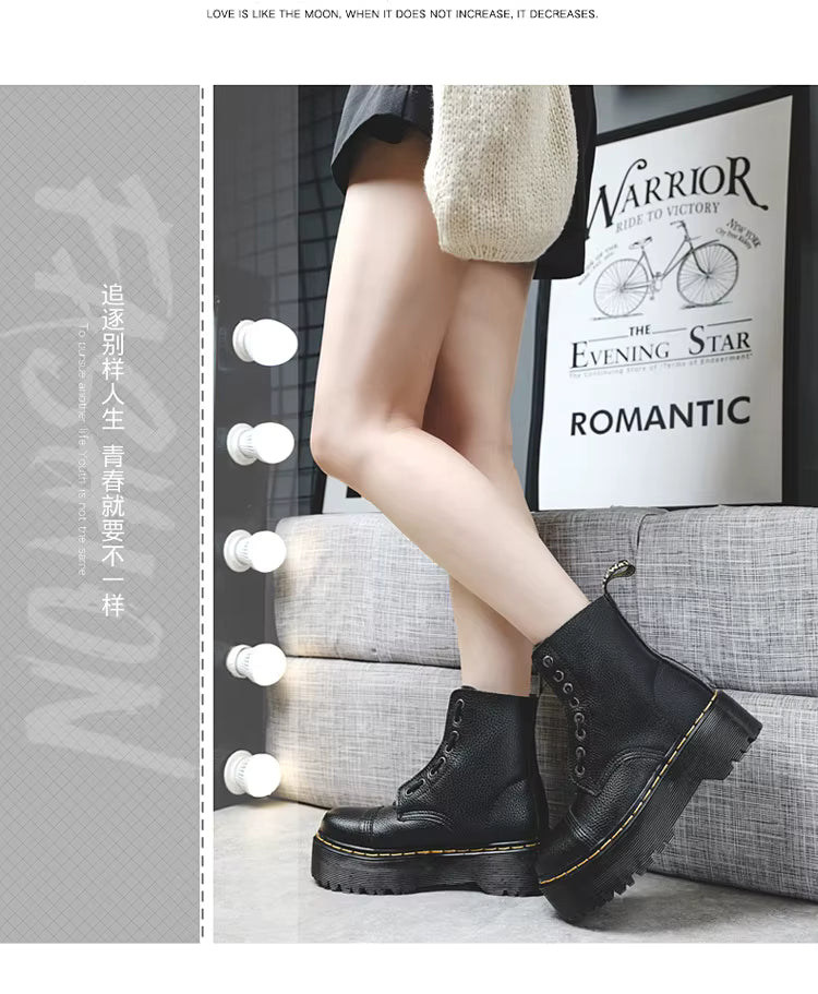 Botas de plataforma de cuero genuino para mujer – Zapatos de motocicleta con cremallera frontal y suelas ópticas