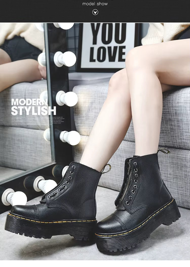 Botas de plataforma de cuero genuino para mujer – Zapatos de motocicleta con cremallera frontal y suelas ópticas