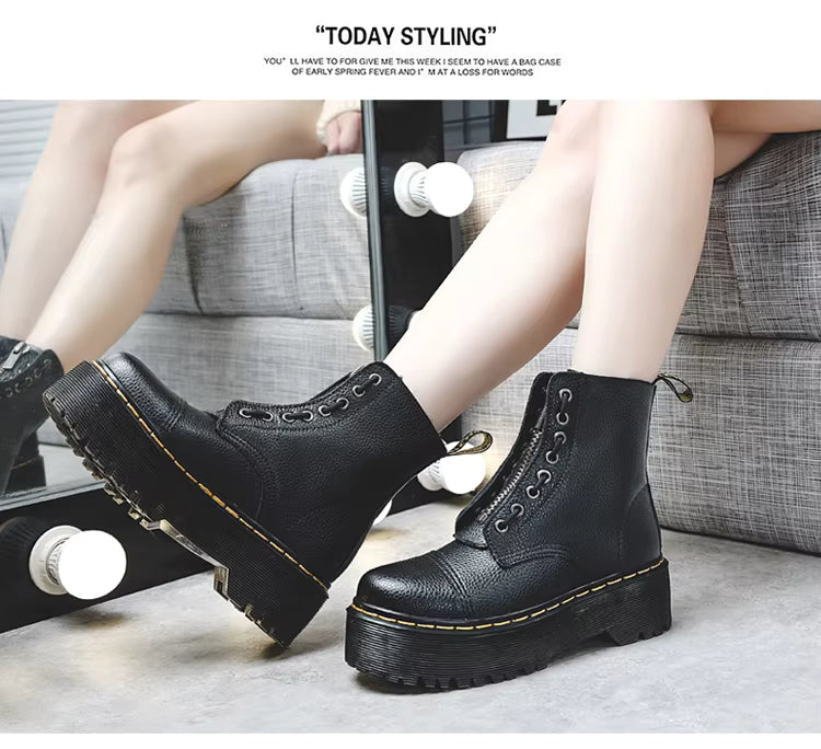 Botas de plataforma de cuero genuino para mujer – Zapatos de motocicleta con cremallera frontal y suelas ópticas