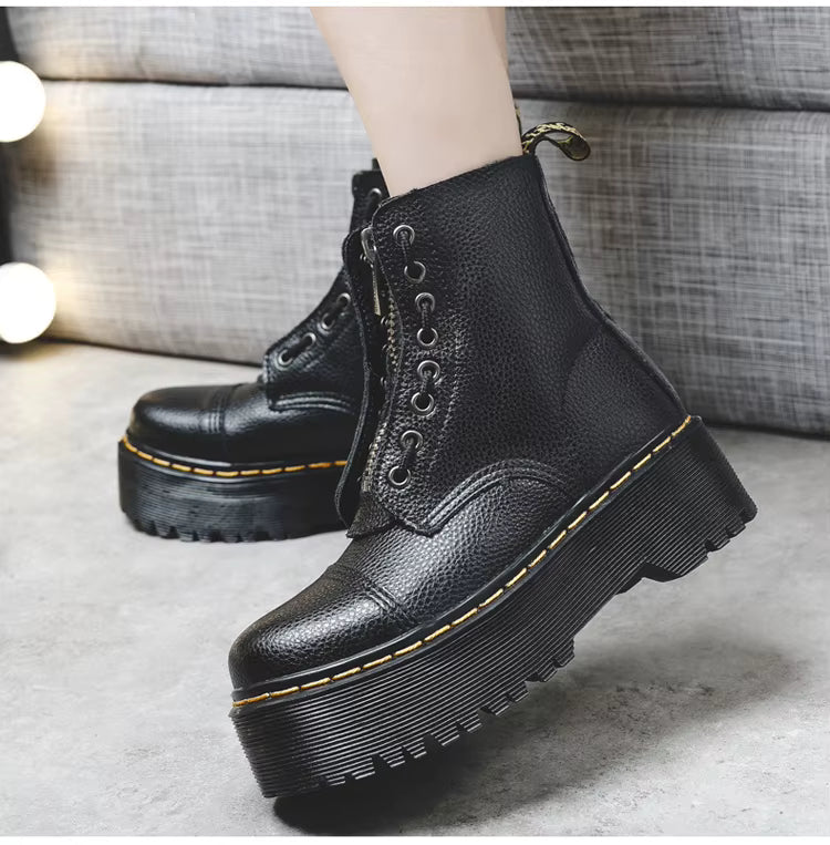 Botas de plataforma de cuero genuino para mujer – Zapatos de motocicleta con cremallera frontal y suelas ópticas