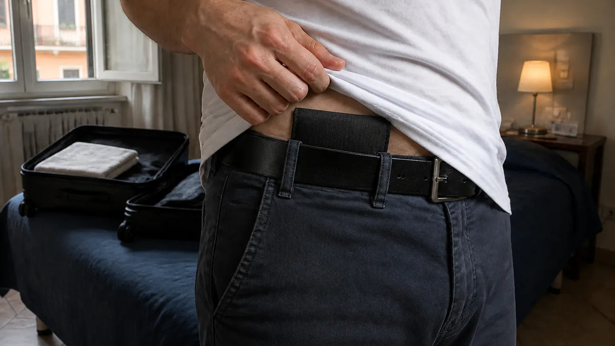 Pouch on a belt over dark trousers in a hotel room