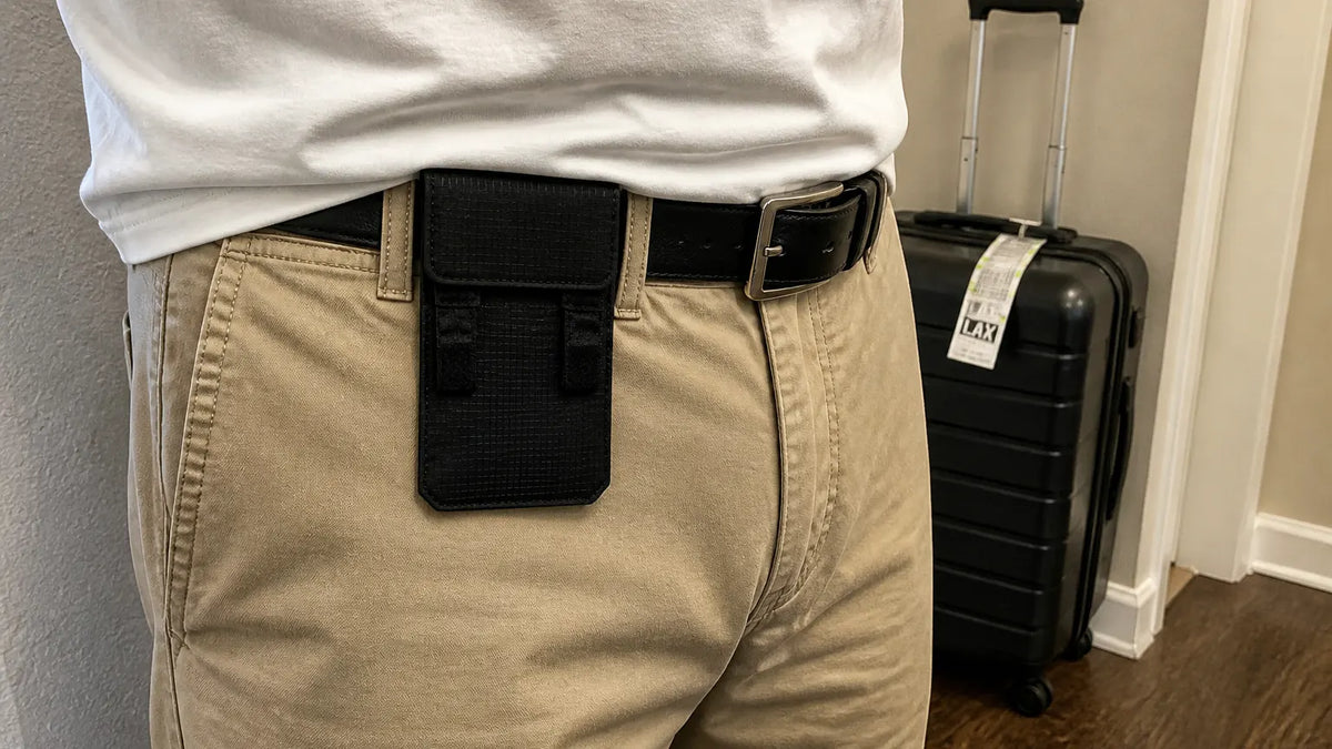 Black hidden travel pouch threaded onto a belt at the front hip, next to a suitcase
