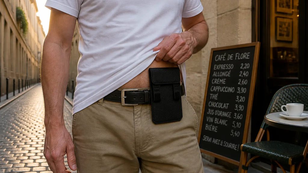 Pouch on a belt under a lifted shirt in front of a café menu board