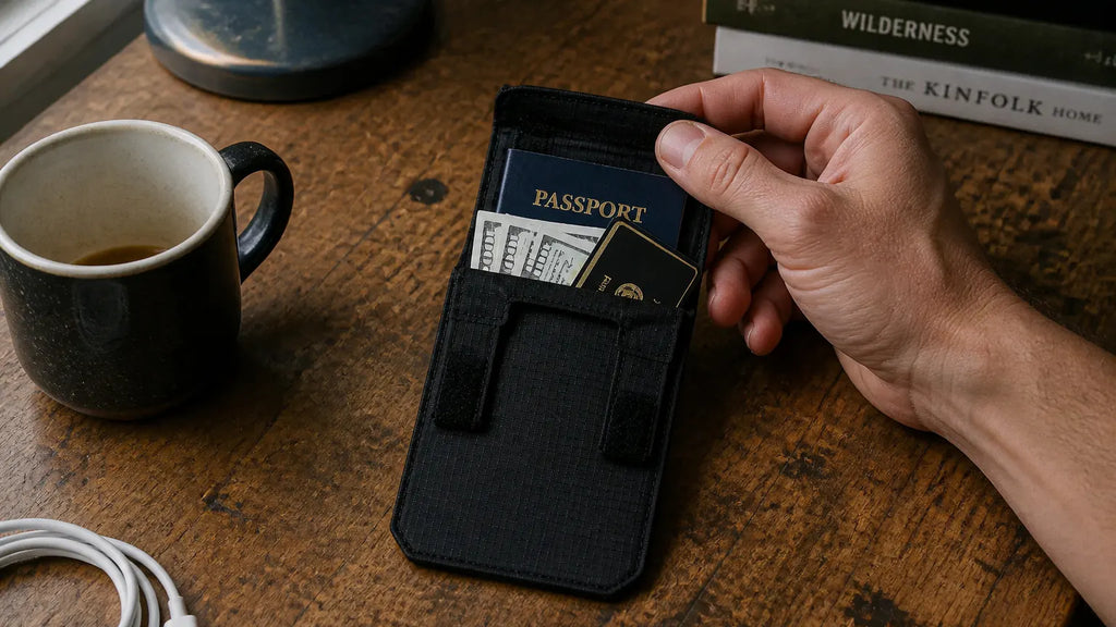 Passport and cash being slipped into the pouch on a café table