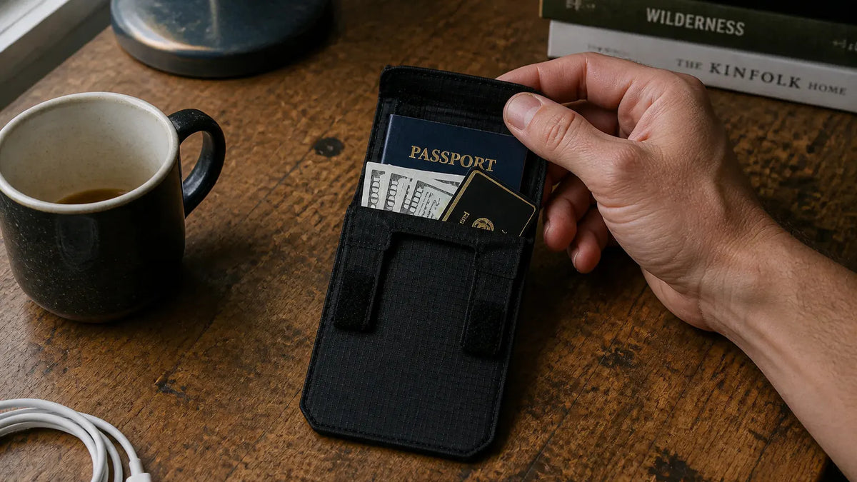 Passport and cash being slipped into the pouch on a café table
