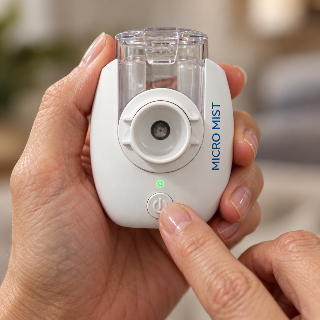 Thumb pressing the single power button on the nebulizer