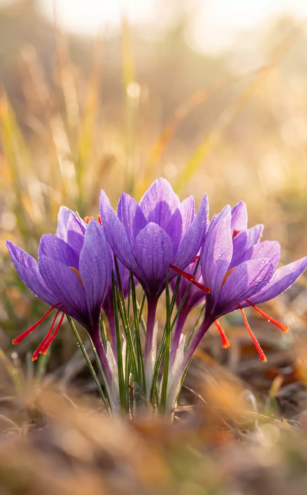 Purple saffron crocus flowers in a field
