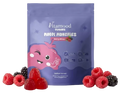 Pouch of berry saffron gummies surrounded by fresh raspberries and blackberries