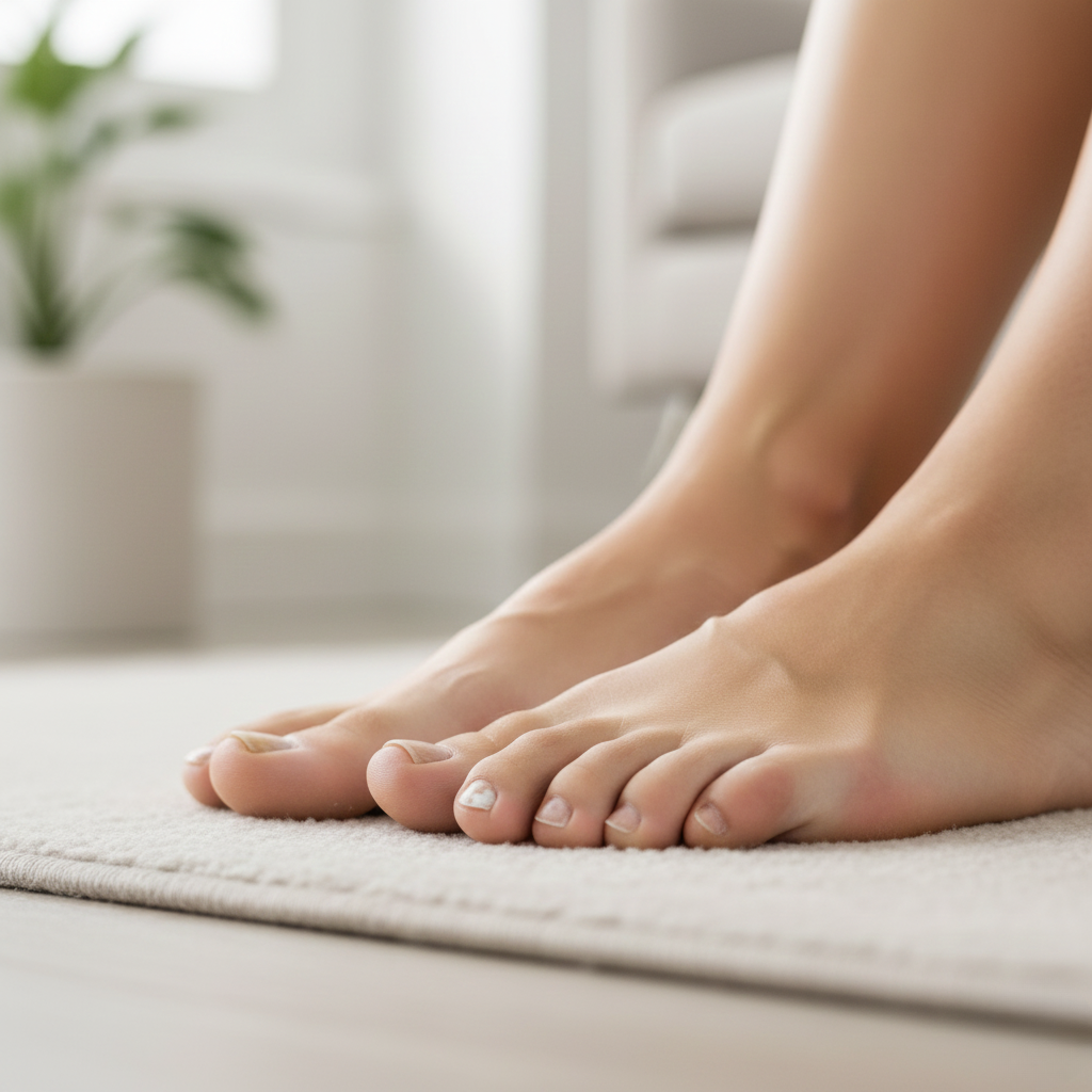 Bare feet resting on a soft rug