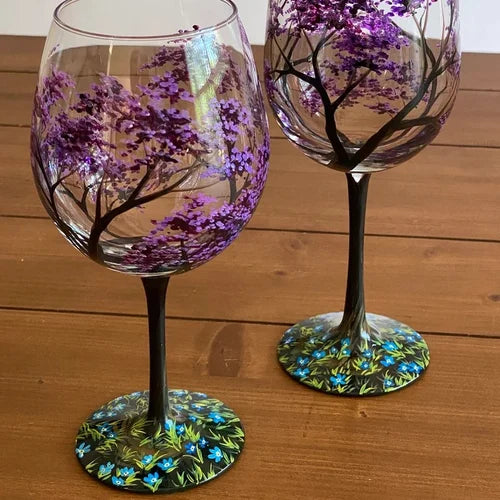 Verres à vin Arbre des quatre saisons - peinture à la main artistique