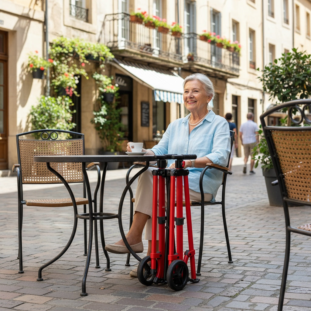 Senior woman at a café table with the folded walker standing beside her