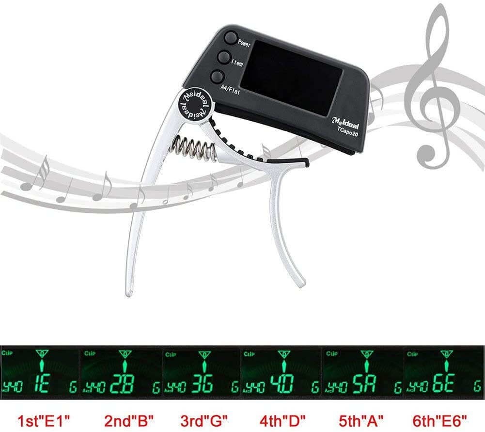 Kapodaster og tuner to i én guitartilbehør med LCD-skærm