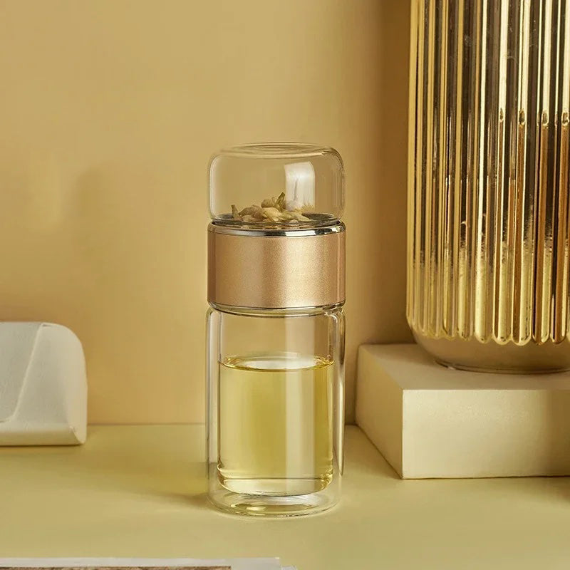 Glass Tea Infuser Bottle – Double-Wall, Separate Tea Chamber, Leakproof, 430 ml