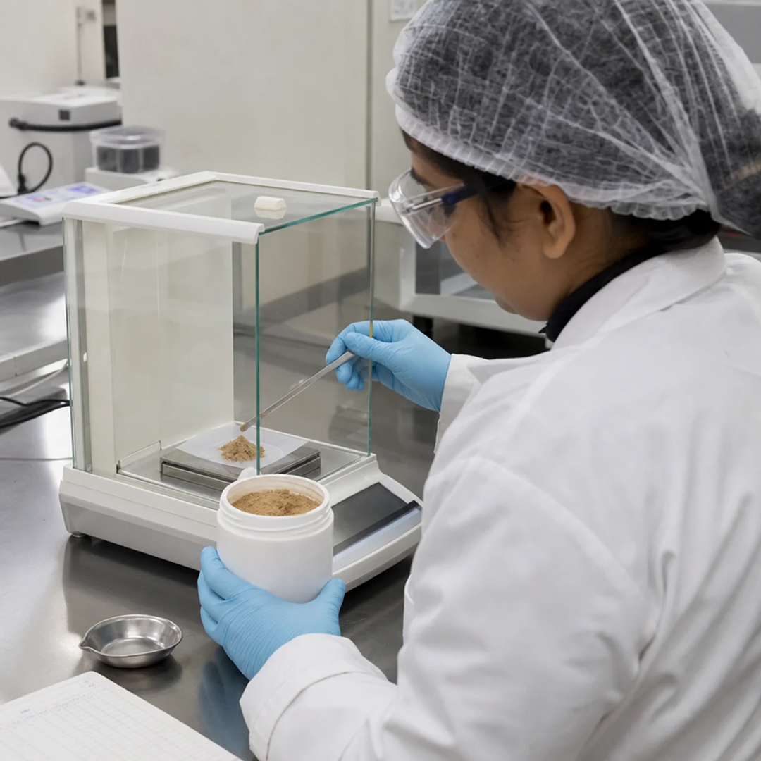 Laboratory technician weighing herbal powder