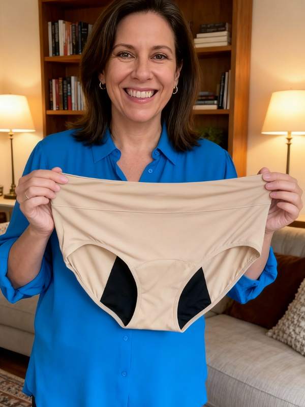 Woman holding up beige briefs showing the dark absorbent gusset inside