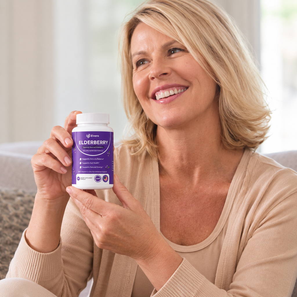 Woman at home holding the elderberry supplement bottle
