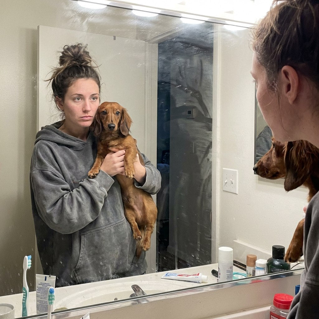 Woman holding her dachshund in front of a bathroom mirror