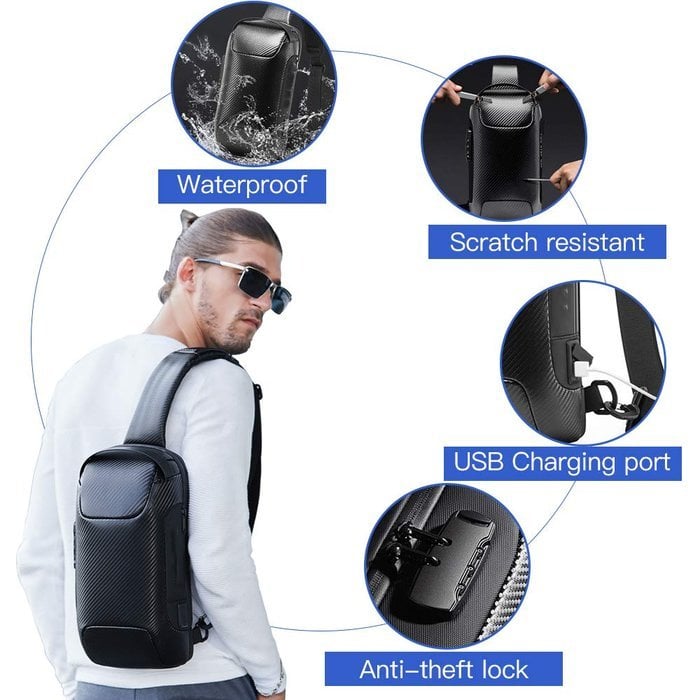 Wasserdichte Umhängetasche – Diebstahlsicherer versteckter Reißverschluss – USB 3.0 Ladeanschluss – Oxford – Unisex
