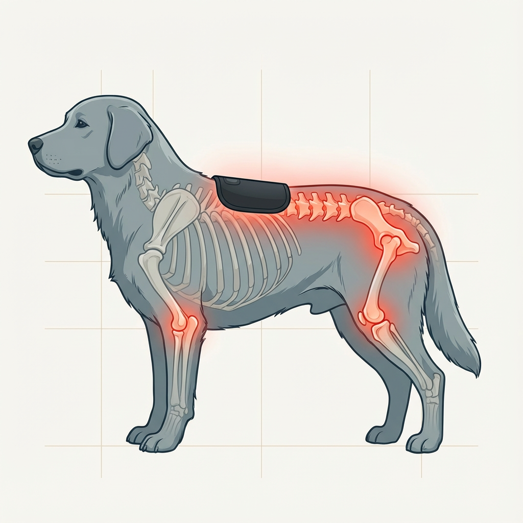 Illustration of a dog's skeleton with the pad placed over the back