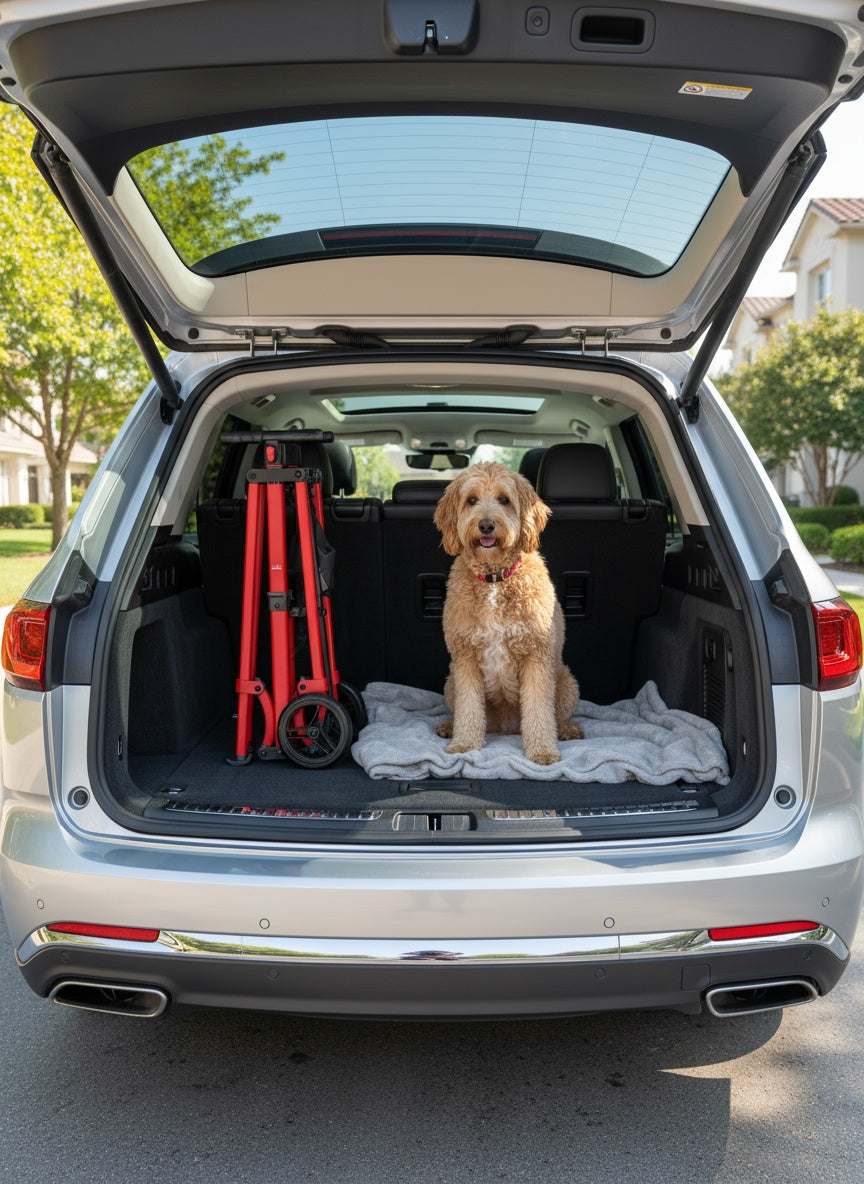 Folded walker in a car boot next to a dog