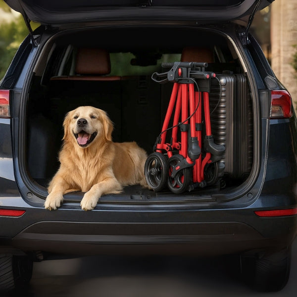 Folded rollator in a car boot next to a happy dog