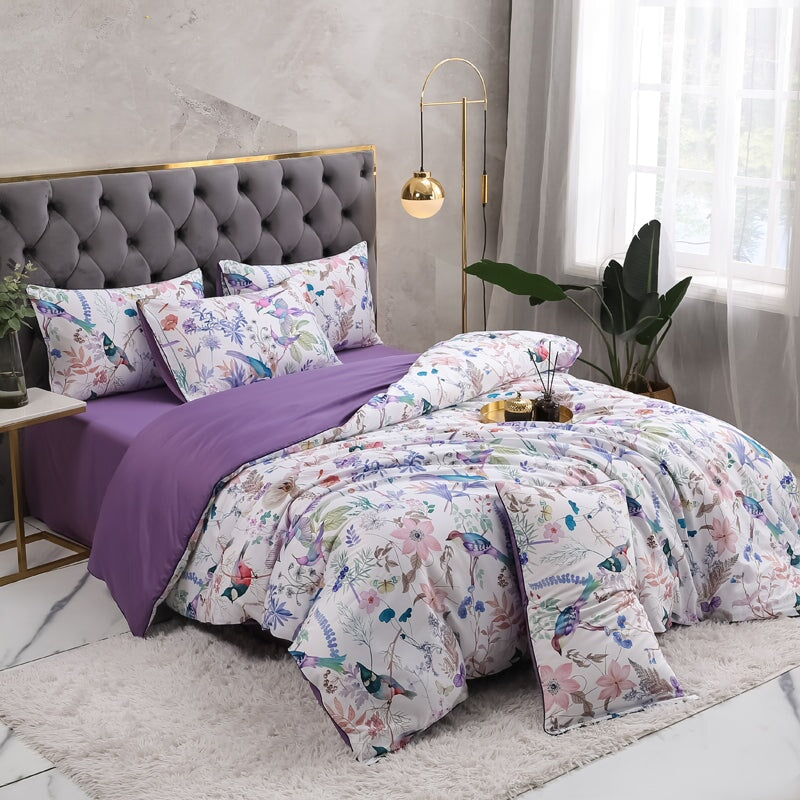 סט כיסוי שמיכה מכותנה מצרית לבנה עם הדפסים