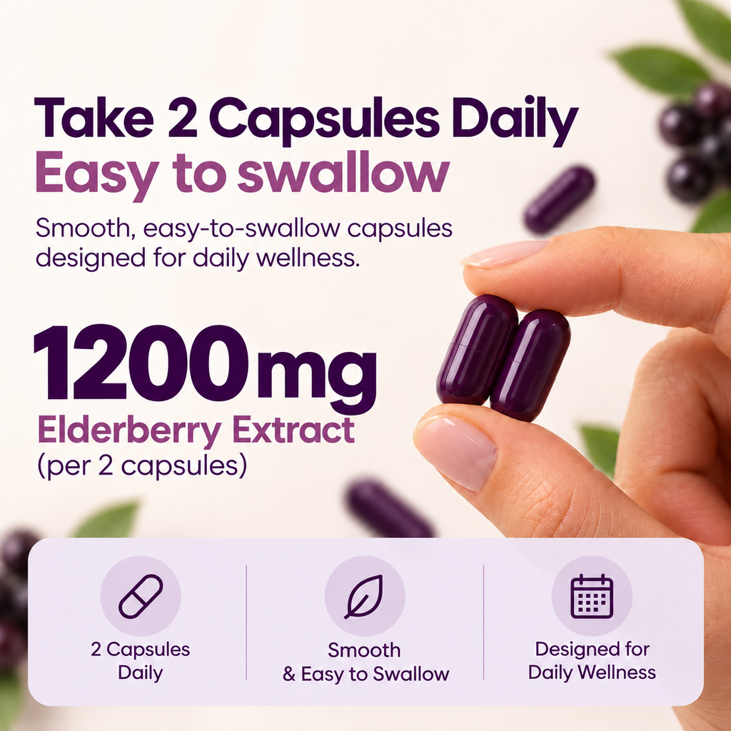 Two purple capsules held between fingers with serving information
