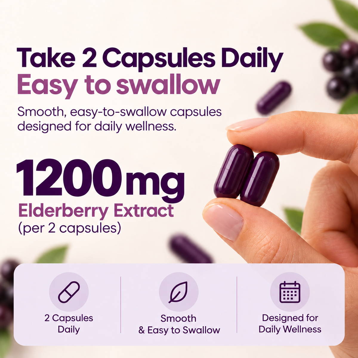 Two purple capsules held between fingers with serving information