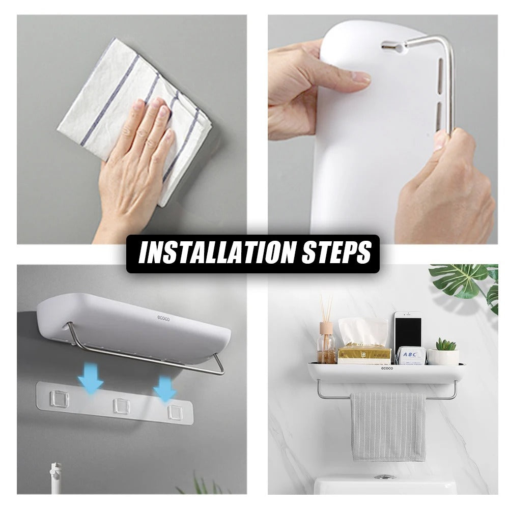 Organisateur de douche mural avec barre à serviettes et étagère sans perçage pour rangement de shampooing
