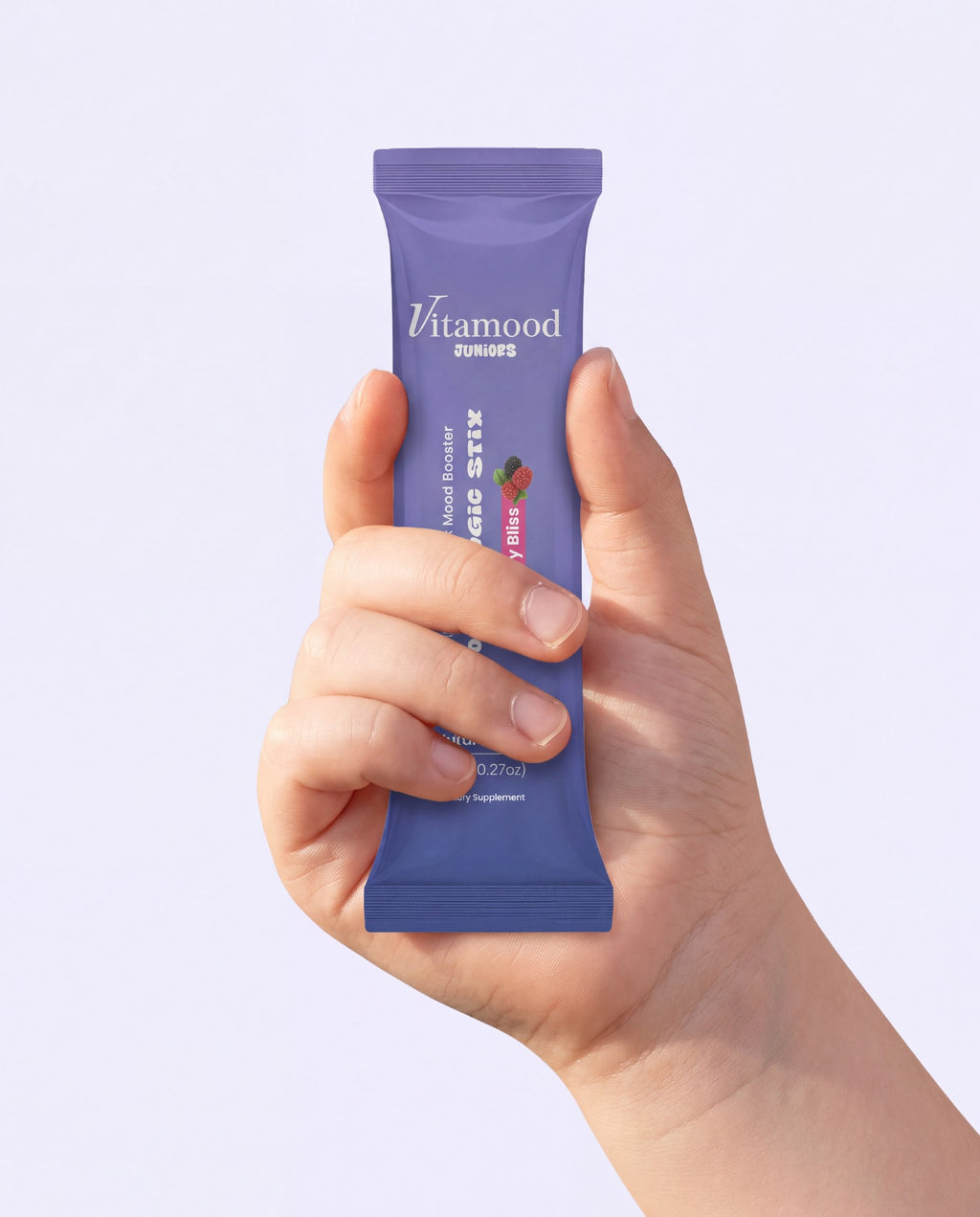 Hand holding a single berry powder stick