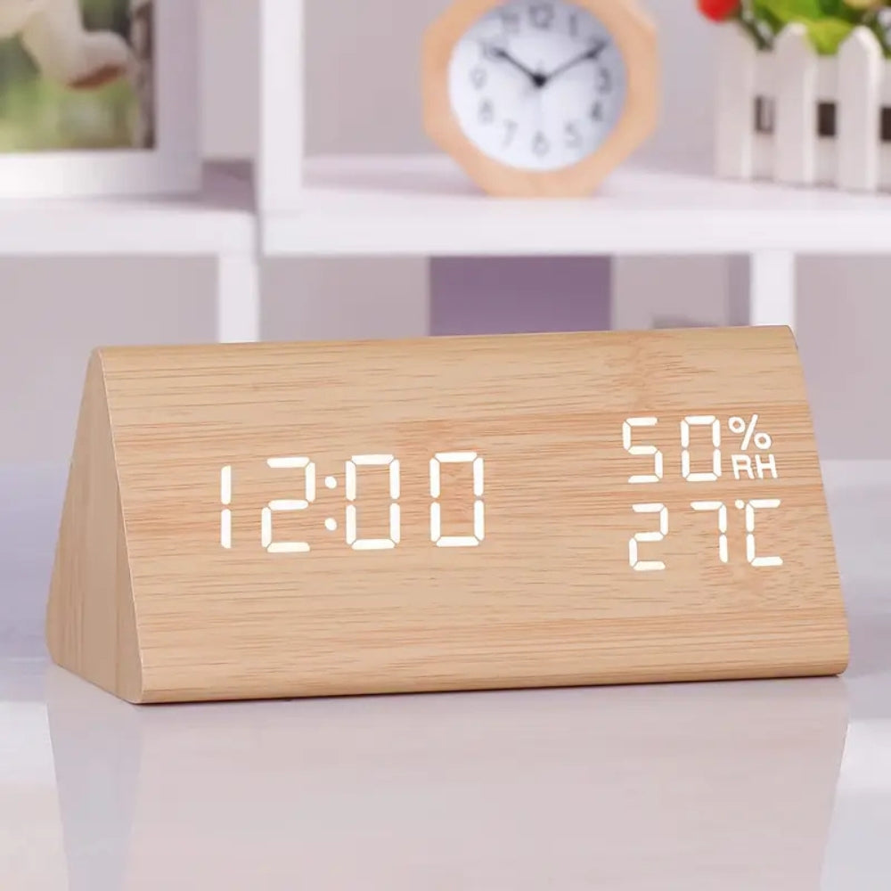 Wooden Triangle LED Digital Clock with Temp & Humidity | Orntli