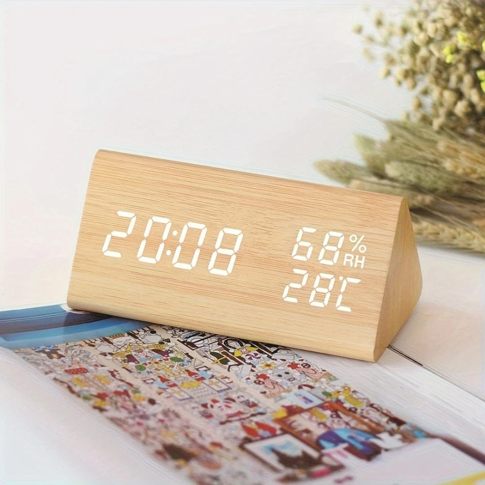 Wooden Triangle LED Digital Clock with Temp & Humidity | Orntli