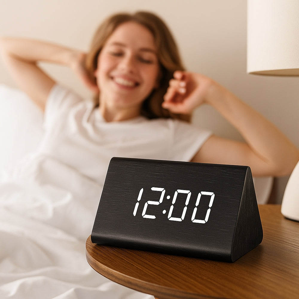 Wooden Triangle LED Digital Clock with Temp & Humidity | Orntli